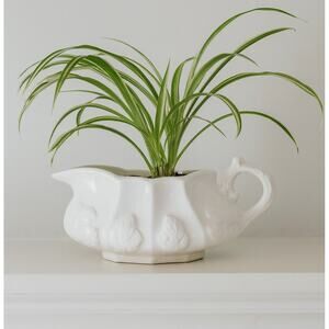 Red-Cliff Ironstone White Gravy Boat Planter Flower Vase Raised Leaf Pattern